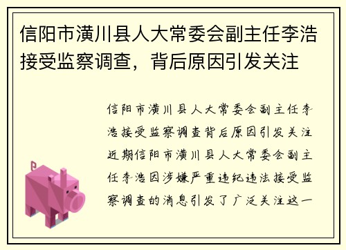 信阳市潢川县人大常委会副主任李浩接受监察调查，背后原因引发关注