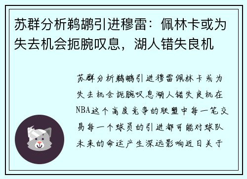 苏群分析鹈鹕引进穆雷：佩林卡或为失去机会扼腕叹息，湖人错失良机