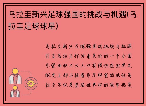 乌拉圭新兴足球强国的挑战与机遇(乌拉圭足球球星)