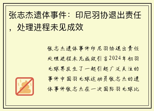 张志杰遗体事件：印尼羽协退出责任，处理进程未见成效