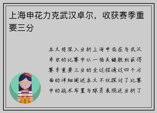 上海申花力克武汉卓尔，收获赛季重要三分